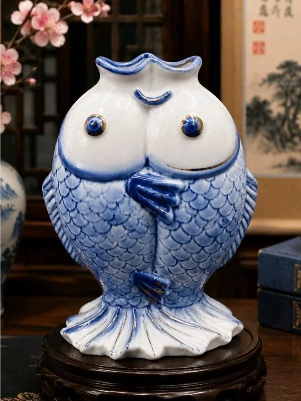 Mid-Century Modern Kissing Chinese Koi Fish Vase Figurine Blue White Porcelain